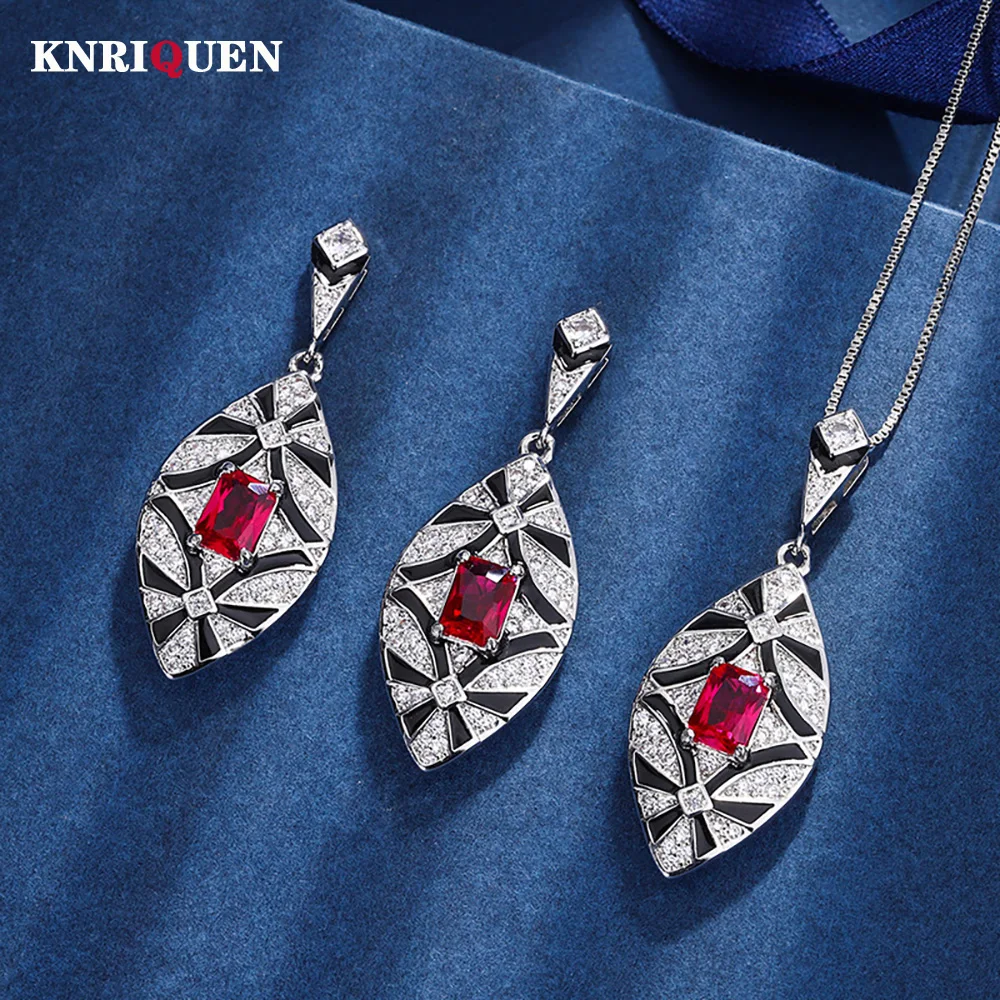 

Vintage 6*8mm Ruby Pendant Necklace Dangle Earrings for Women Lab Diamond Gemstone Wedding Party Jewelry Sets Gift Accessories