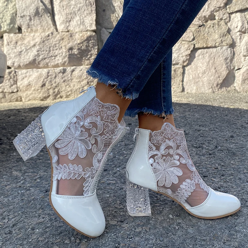 Rimocy Sexy Black Mesh Embroider Ankle Boots for Women Summer 2020 Crystal Square Heels Boots Woman white Lace Short Botas mujer