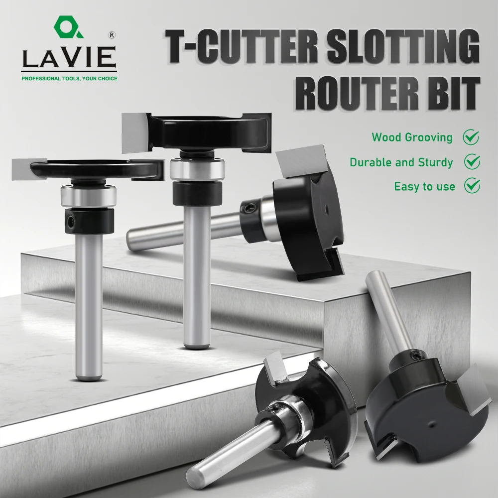 LAVIE 1/4 6mm 샹크 T-슬롯 라우터 비트(베어링 포함) - 목재 홈 가공 및 엣징용 이중날 홈 가공 커터 C06318FX35