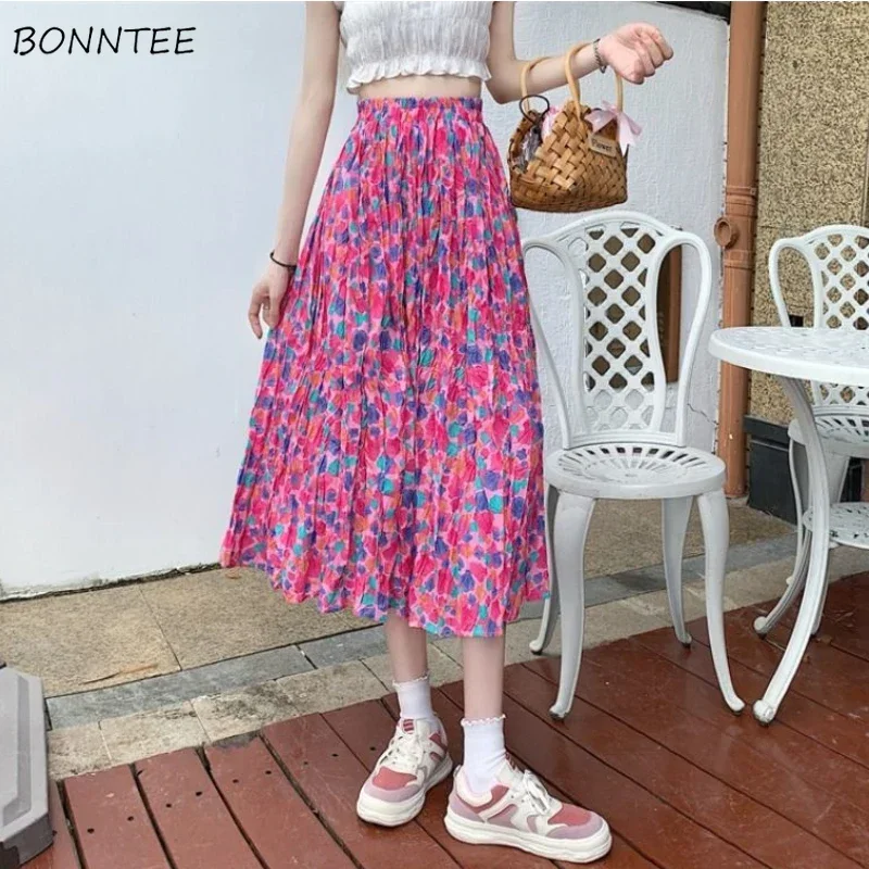 

Красочные юбки женские повседневные складки дизайн принт сладкий ретро летние уютные дышащие стильные корейский стиль Mujer Faldas универсальные