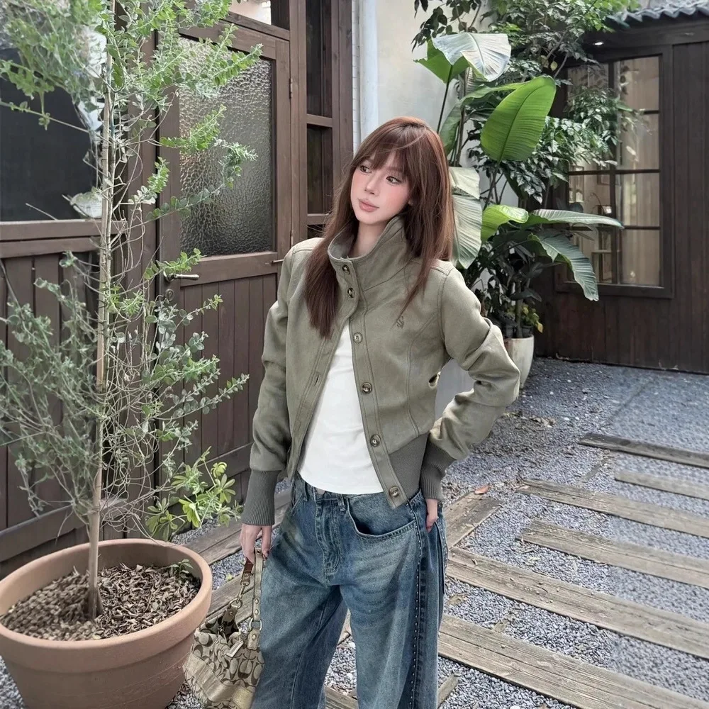 

Women Blend Coat 2025 Autumn New Slim Fit Suede Jacket Stand Collar Stylish Design Versatile Women's Fashion Outerwear