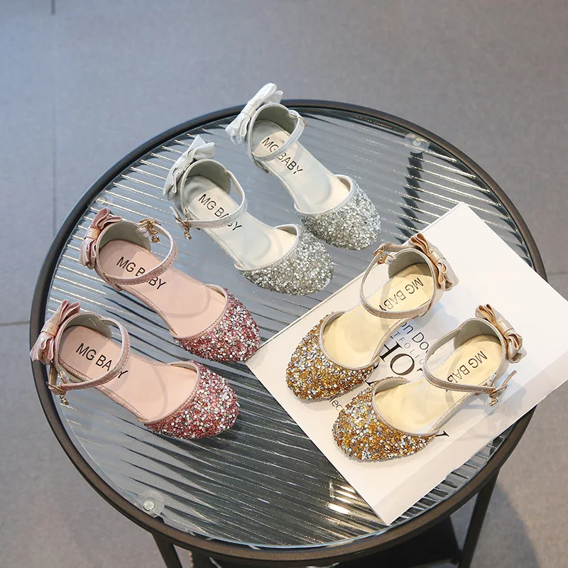 

Summer Girls Sandals Bling Wedding Shoes Butterfly Princess Shoes Kids High Heels Party Ankle Strap Dance Shoes