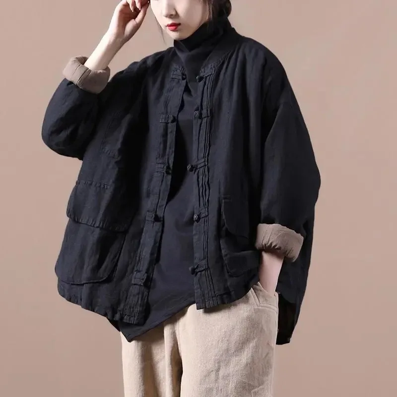 Women Vintage Jackets Solid Color Cotton Linen Coats Stand Button Patchwork Pockets 2023 Spring Loose Female Jackets