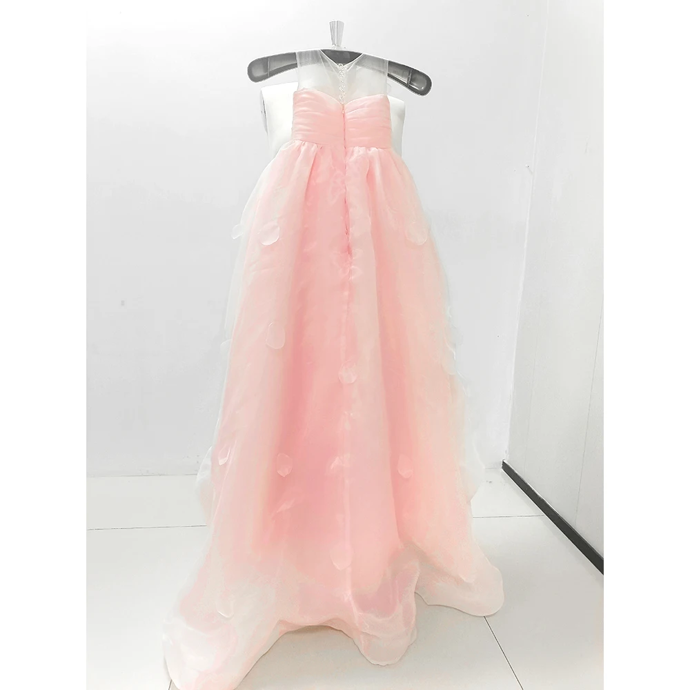 Exquisite Ruched Flowers Girl Dresses Pink O-Neck Floor Length Sweep Train Ball Gowns Wedding Party Pageant Dresses for Girls