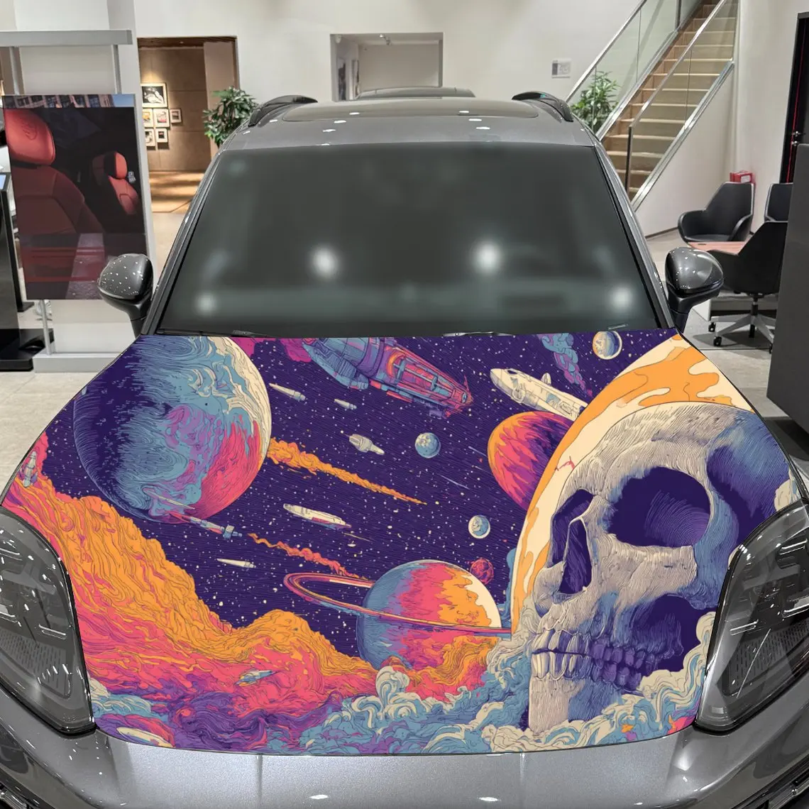 Sci - فن غطاء السيارة على شكل جمجمة Fi، ديكور غطاء السيارة للصاروخ والكواكب القديم لعشاق الفضاء، ملصق غطاء تلقائي، مقاوم للماء #5