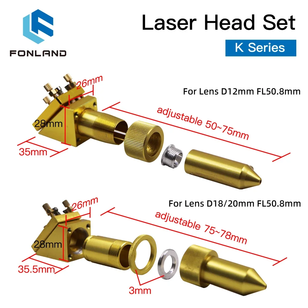 Imagem -03 - Fonland-k Série Co2 Laser Head Conjunto Lens Gravura Máquina de Corte Diâmetro 12 18 20 mm Espelho Dia 20 mm para 2030 4060 K40