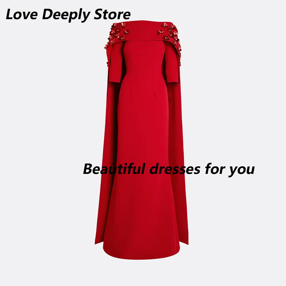 Red Prom Dresses for Women 2025 Boat Neck Half Sleeves Sequin Flowers Party Gowns Long Shawl Wedding Guest Dresses Customized image 4
