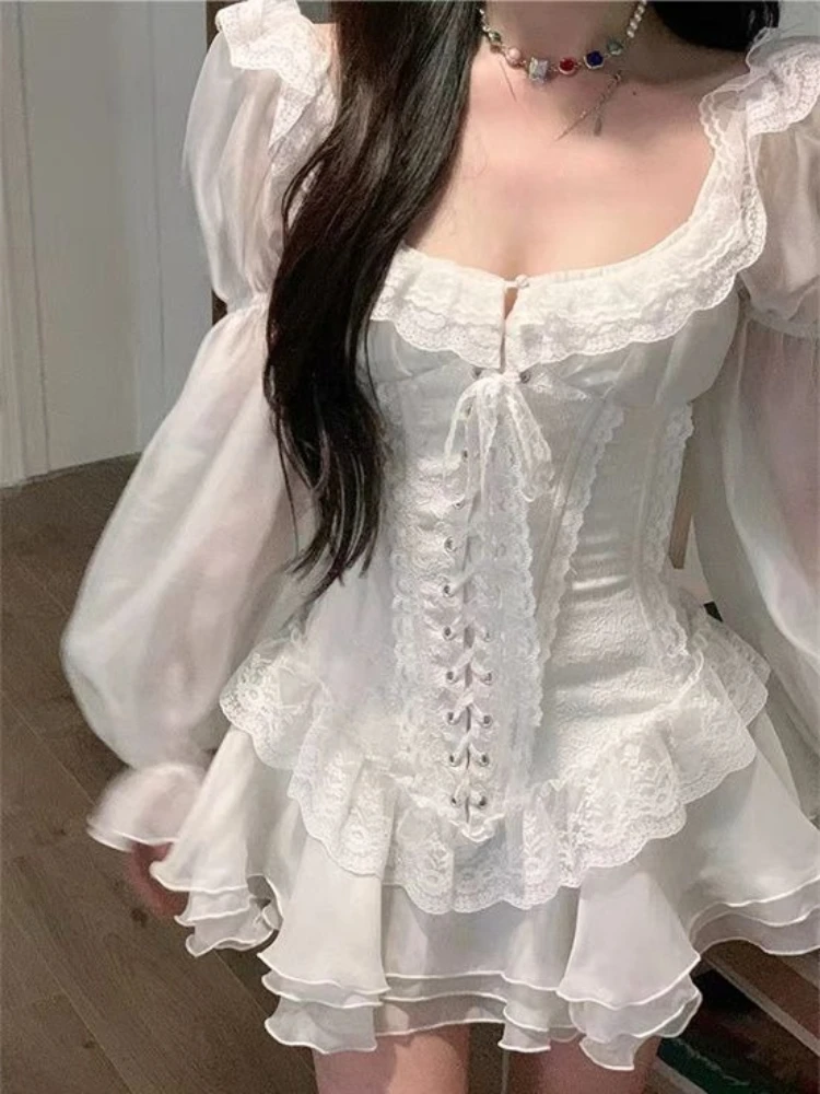 French Style Sweet Lace Up Long Sleeve Dress New Autumn Fashion Slim Fit Puff Dresses Women Solid Color Elegant One Piece Dress