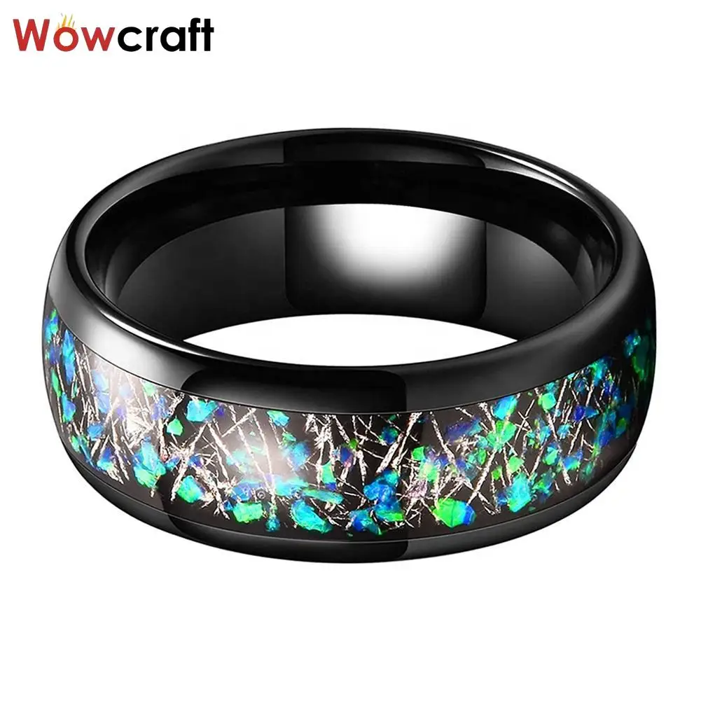 Tungsten Ring for Men Women Black Meteorite Blue Opal Inlay Fashion Engagement Wedding Band