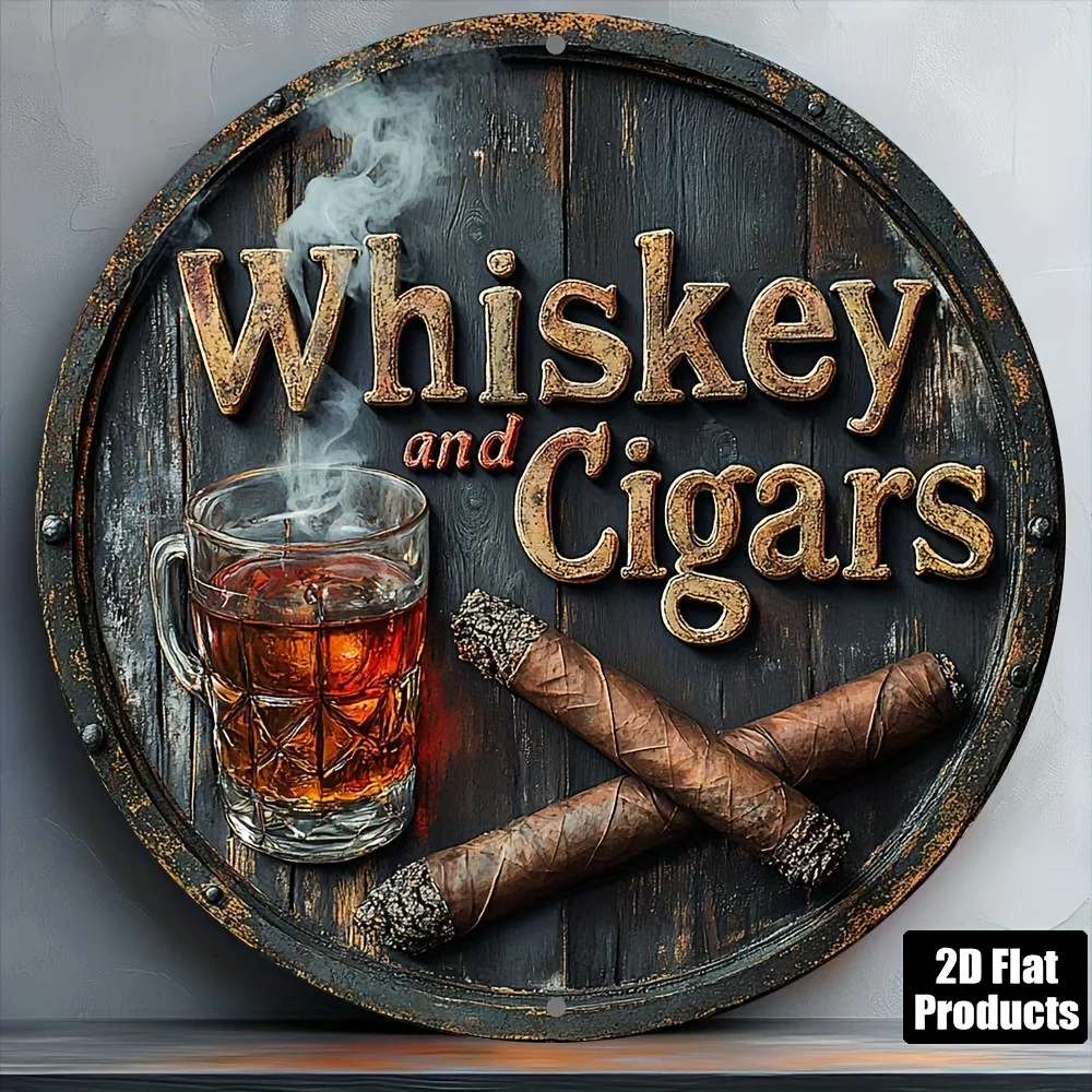 2D plano 1 pieza tema whisky y cigarro, letrero redondo de madera, adecuado para decoración de bar, cocina, cafetería, hogar y oficina