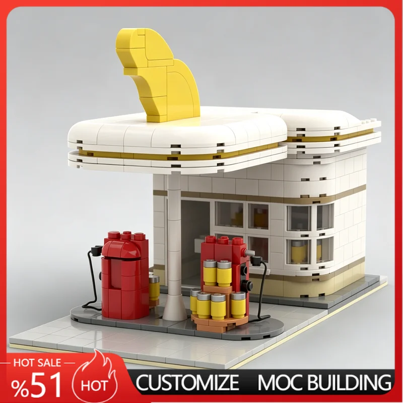 

960 PCS Retro Gas Station Building Blocks 1950s Street View Architecture Model Assembly Toy Educational DIY Gift For Collectors