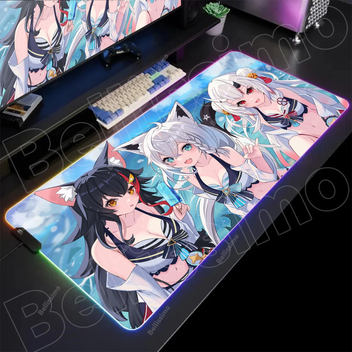 

RGB LED Mouse Pad Hololive Shirakami Fubuki HD Keyboard Pad Non-Slip Anime Gaming Mat PC Accessories Mousepad Rubber Desk Mat