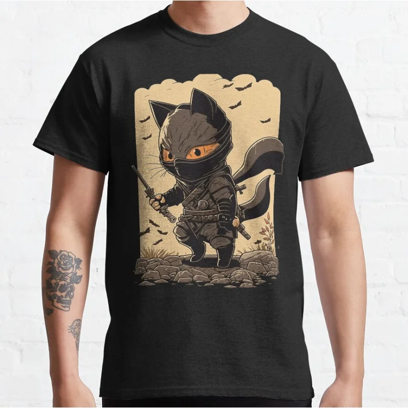 

Vintage Japanese Ninja Cat anime ukiyo e graphic t shirts for cat lover retro large size tops 100% cotton clothing