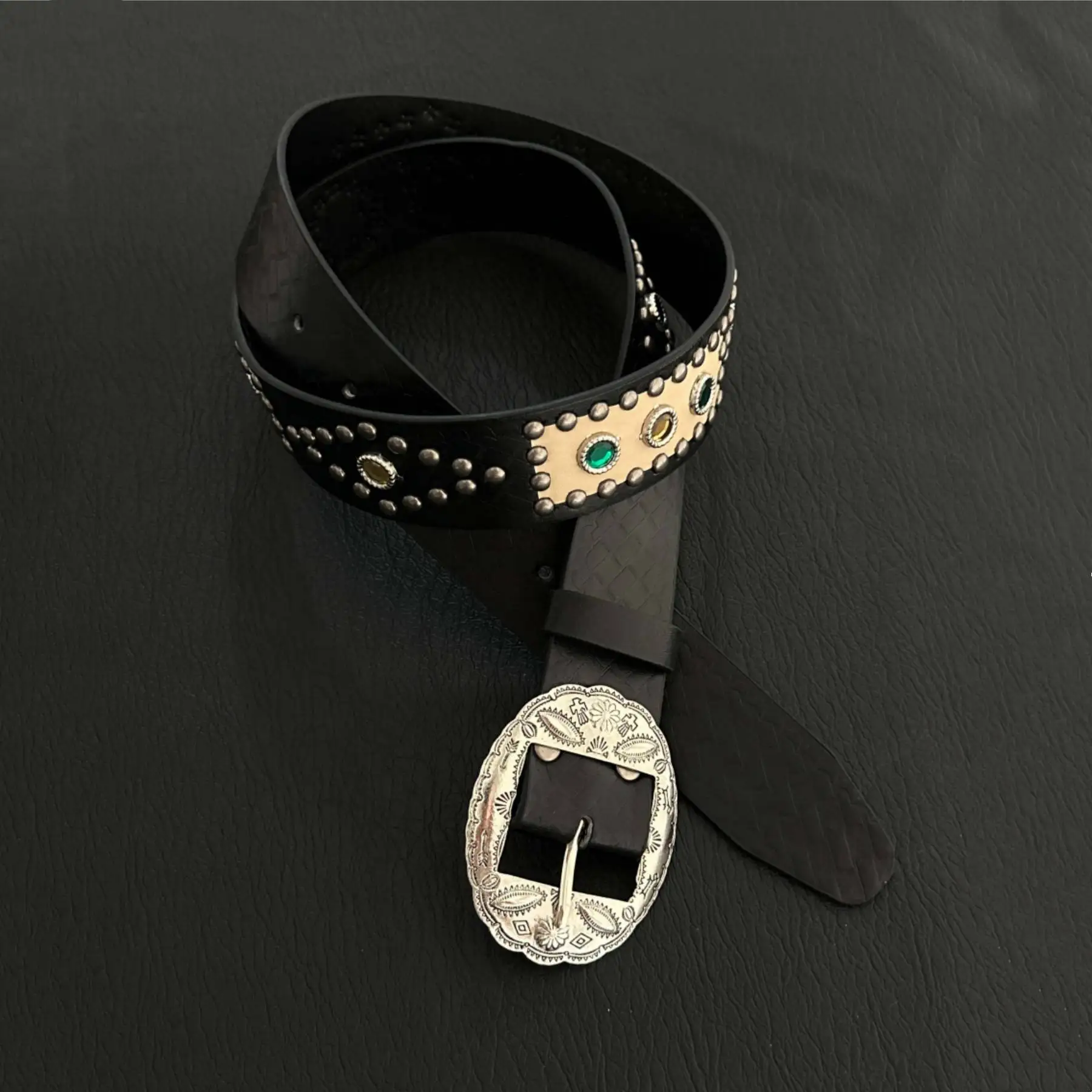 Metal Carved Rivet Belt with Rhinestones and Colored Stones, Heavy-Duty Leather Belt, High-Texture Accessory, Matte Starry