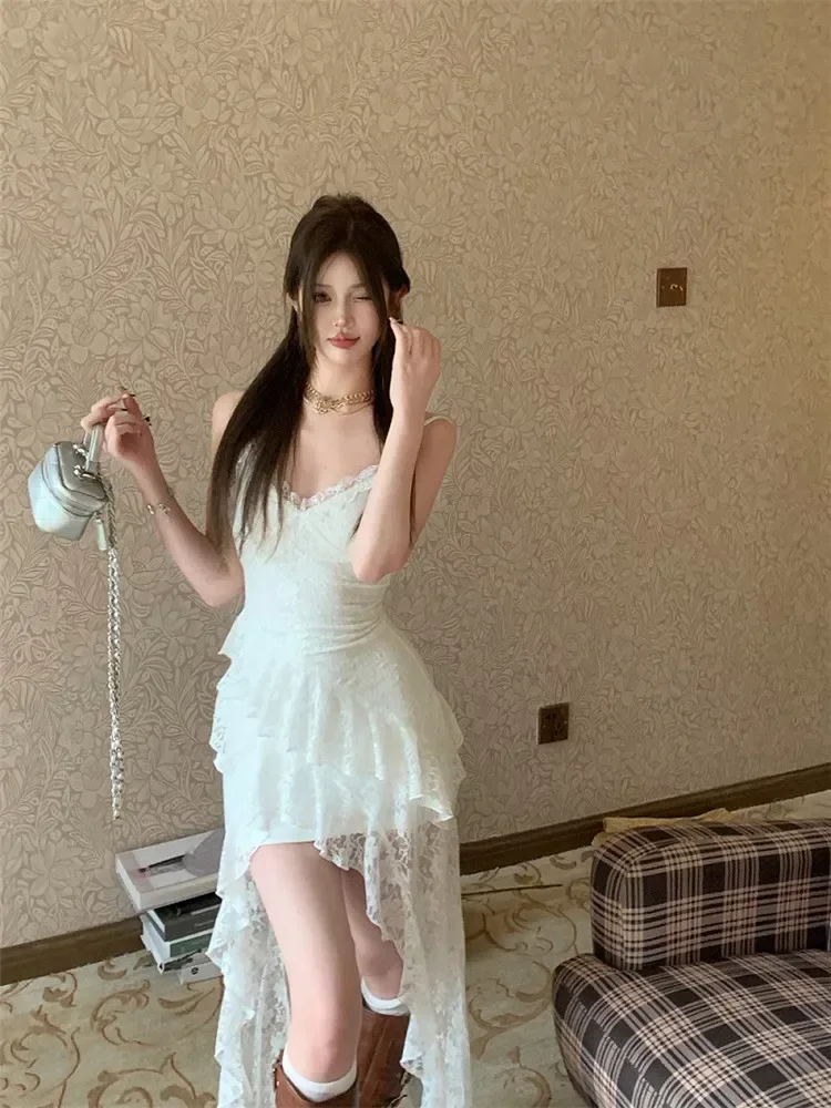 Summer Holiday French White Lace Irregular Slip Dress Summer Vacation Beach Strap Skirt Sexy Chic V Neck Sleeveless Fairy Dress