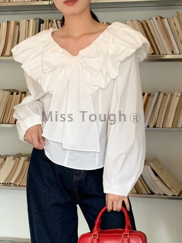 Autumn White Bow Design Blouse Women V Neck Y2k French Vintage Elegant Harajuku Tops Female Solid Korea Fashion Chic Clothes