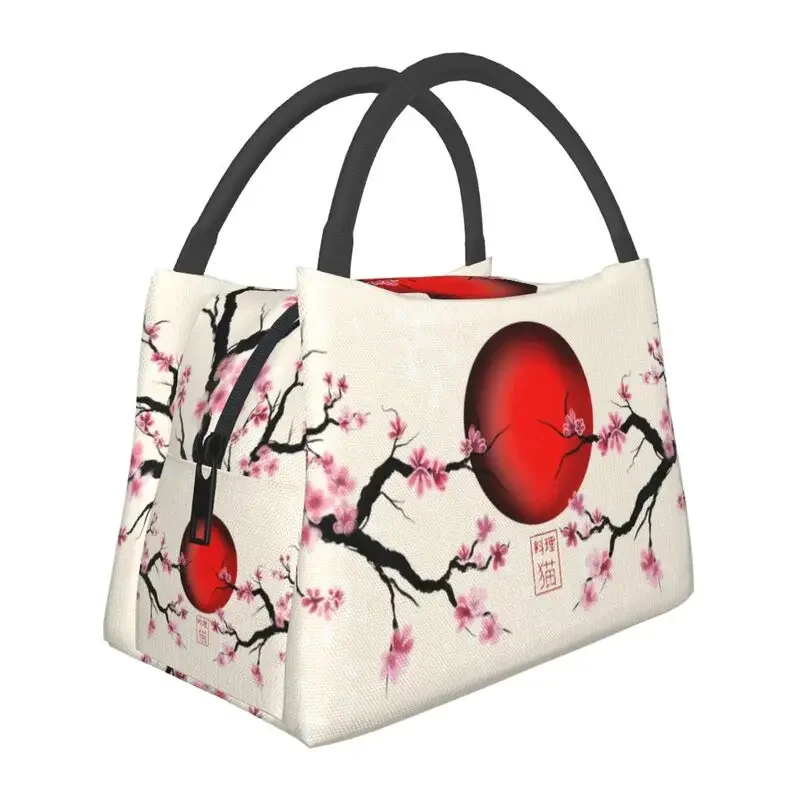 

Japan Sakura Cherry Blossoms With A Red Rising Sun Insulated Lunch Bags Flower Cooler Thermal Lunch Box Beach Camping Travel