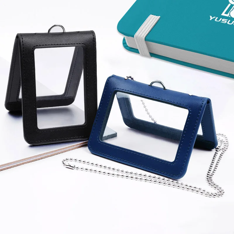 Leather Badge Holder Double-Sided Clear Id Card Folding Card Holder Work Bank Chest Badge Clip With Lanyard Wholesale