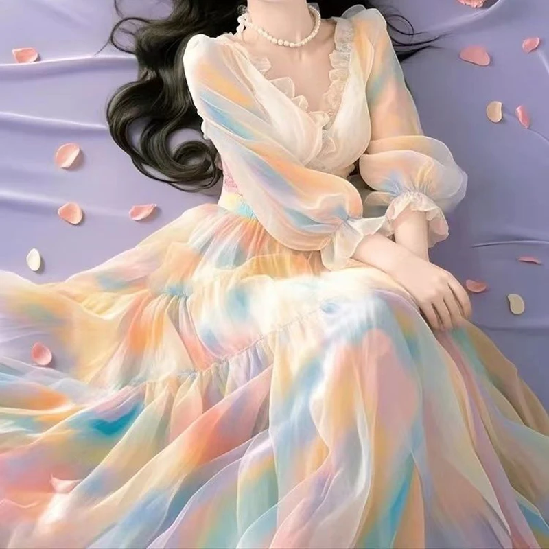 Nuevo vestido de gasa con estampado Floral para mujer, primavera, manga larga, elegante, puro estilo de primer amor, Ombre Tie-Dye, vestidos de fiesta únicos