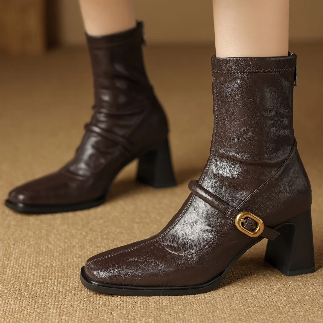 

Women's sheepskin great PU leather patchwork back zip metal buckle autumn ankle boots elegant ladies 7cm thick high heel shoes