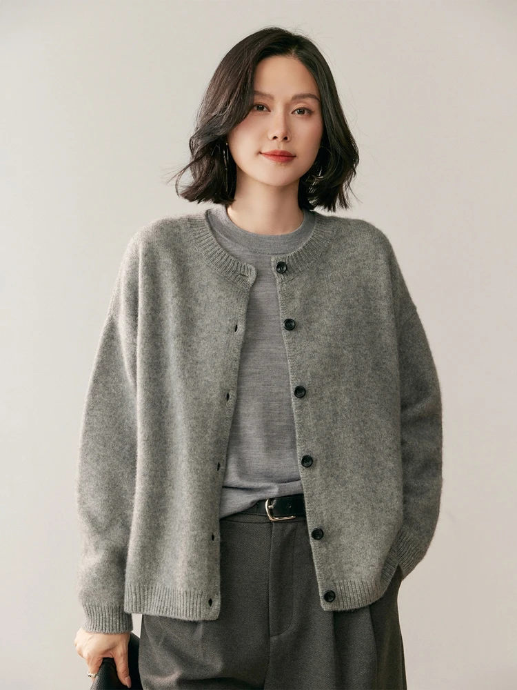

Chic Women's Cardigan O-Neck 5GG Thick 100% Cashmere Knitted Solid Basic Sweater Soft Warm Simple Cuff Design Quality Tops
