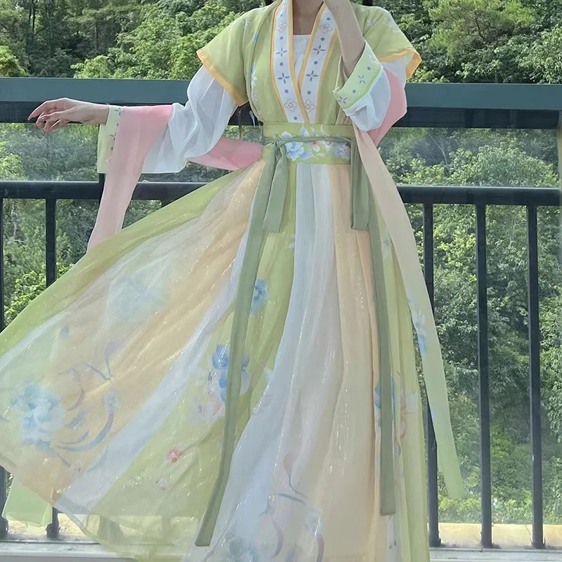 Chinese Traditional Hanfu Green  Yellow Costume Woman Ancient Dress Oriental Princess Dress Elegance Tang Dynasty Dance Wear