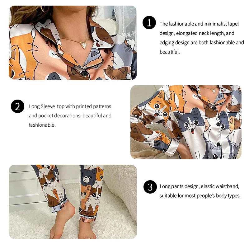 Cute Cat Print Pajama for Women Satin Long Sleeve Lapel Collar Tops & Pants Pyjama Loungewear for Fall Ladies Sleepwear Pj Sets