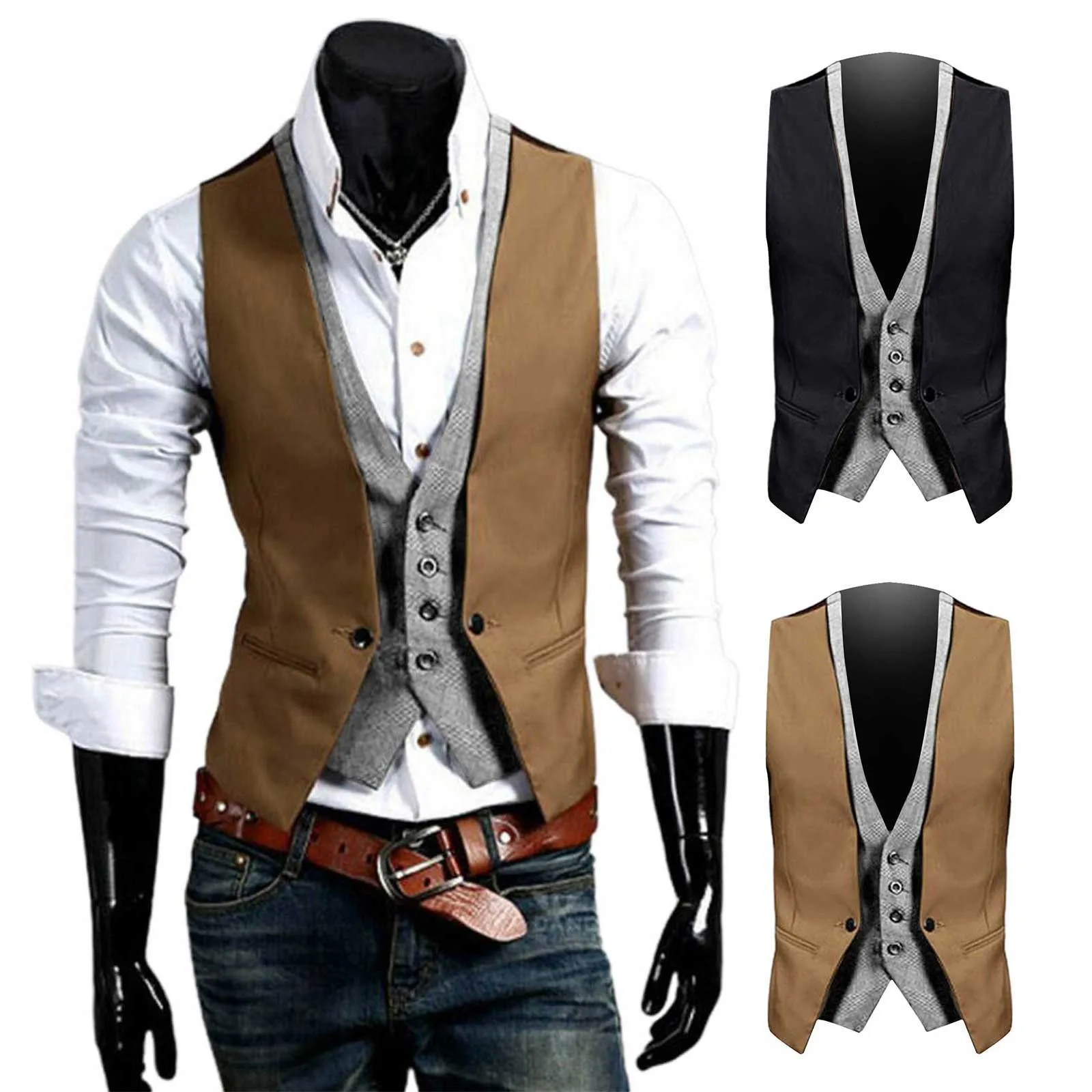 Men\'s Business Leisure Wedding Holiday Two Piece Vest V Neck Sleeveless Slim Jacket Two Piece Mens Big And Tall Light Jackets