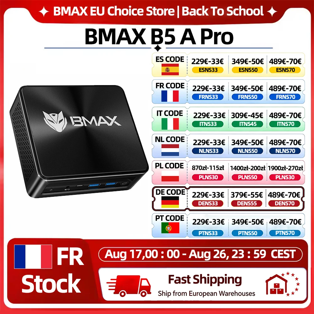 BMAX B5 A Pro Mini-PC AMD Ryzen7 5700U 5825U Prozessor AMD Radeon Grafik 16GB (unterstützt max. 64GB) DDR4 512GB NVMe SSD Windows 11 WLAN Mini-PC