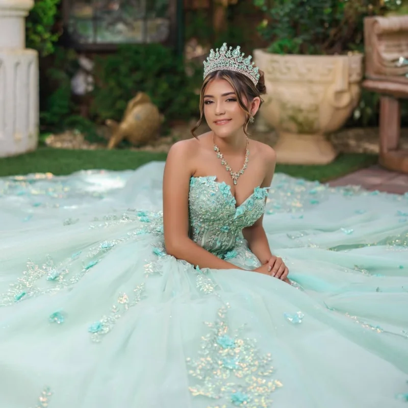 Light Green Quinceanera Dress Glitter Crystal 3D Flower Decal Long tail off-shoulder Vestidos De 15 Quinceanera ﻿Customize