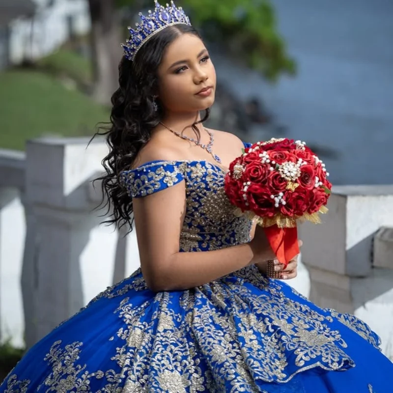 

Royal blue Quinceanera Dress off-shoulder Lace layering glitter pearl decal Long tail vestidos de 15 Quinceanera ﻿Customize