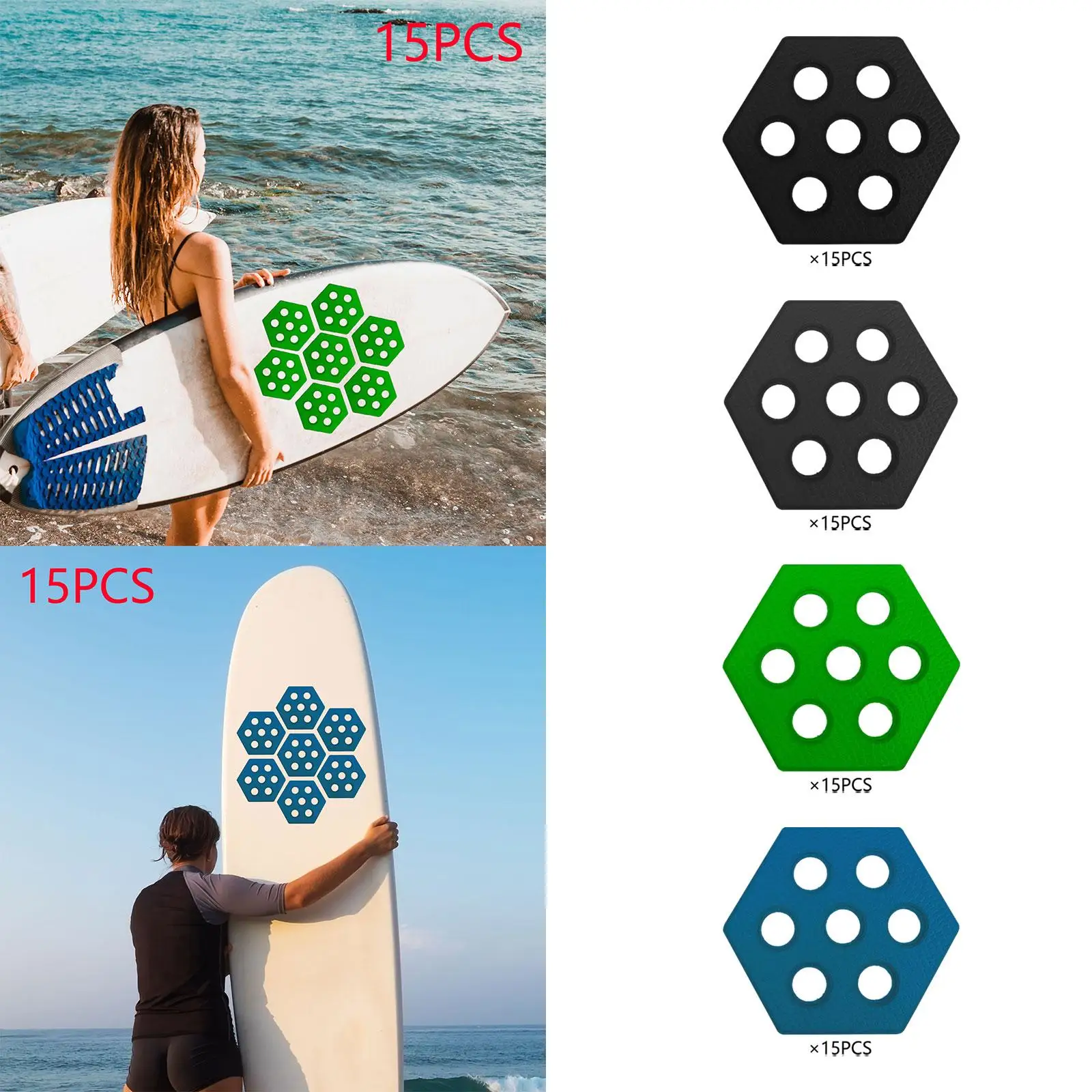15Pcs Hexagon Surfboard Traction Pads Deck Pads Surfpad Premium Non Slip Mat Deck Grip Waxless for Kiteboards Fish Board