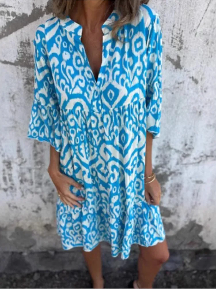 Boho Vacanza Camicia Abiti per le donne Sexy scollo a V Manica svasata Volant Stampa Abito Femme Primavera Casual Beach Abito ampio