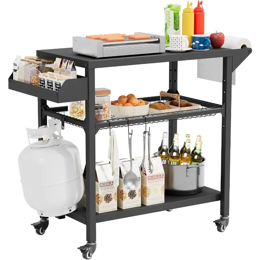 Outdoor Grill Table with Wheels, Kitchen Cooking Prep Tables Movable BBQ Grill Cart for Garden, Camping, Home Party, Bar, Pizza