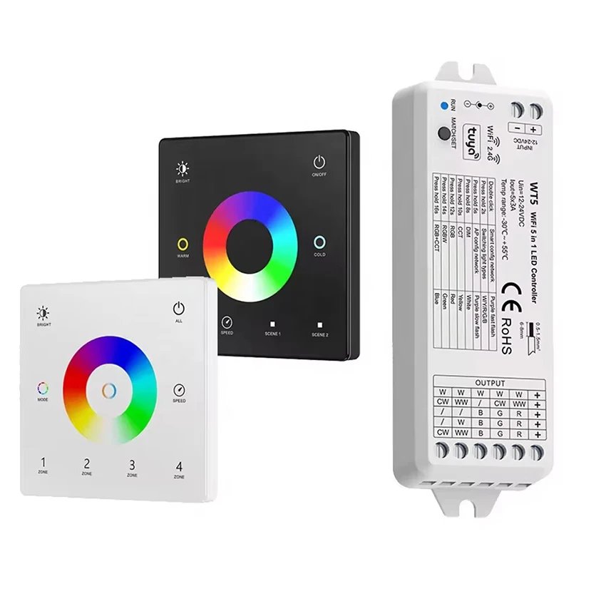 Tuya WiFi wall-mounted glass touch RGB/RGBW/RGBCCT RF DC12/24V dimmable LED strip controller, app control.