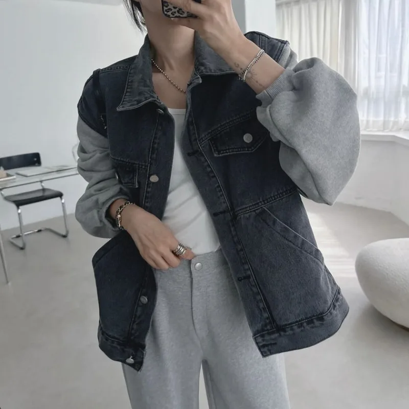 

Chic Early Spring Fashionable Loose Lantern Sleeve Sweatshirt Denim Jacket Open Cardigan Women Casual Style Breathable Long S...