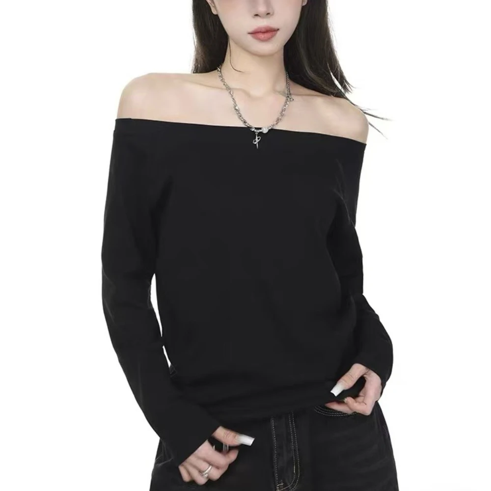 Soft Elastic Cotton Off Shoulder Long Sleeve Tops Women Slim Fit Korean Daily Commute Y2K Basic Casual Blouse Tees