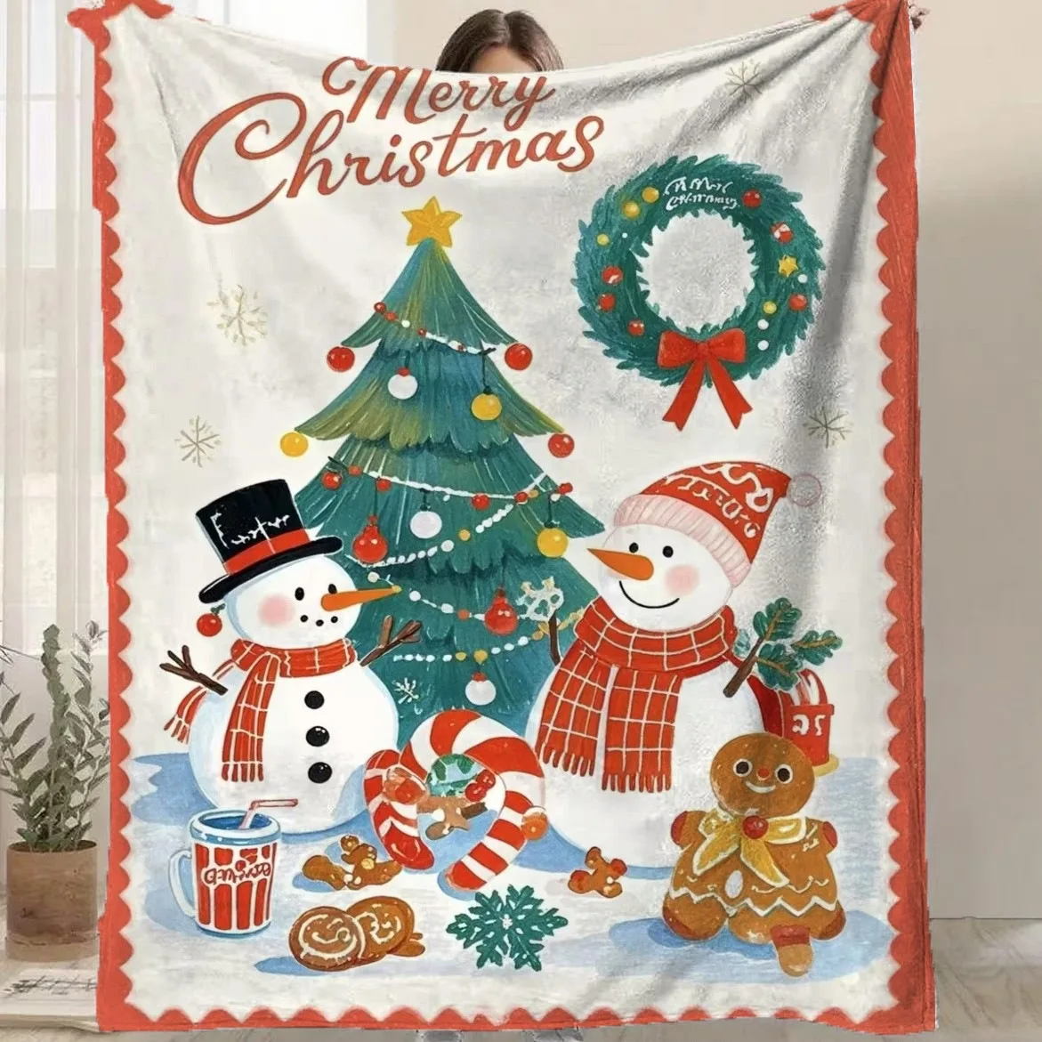 VIKAMA Watercolor Two Snowmen Tree Wreath Soft Flannel Throw, Cozy Warm Plush Cover for Sofa Bed, Xmas Decor Gift for Family