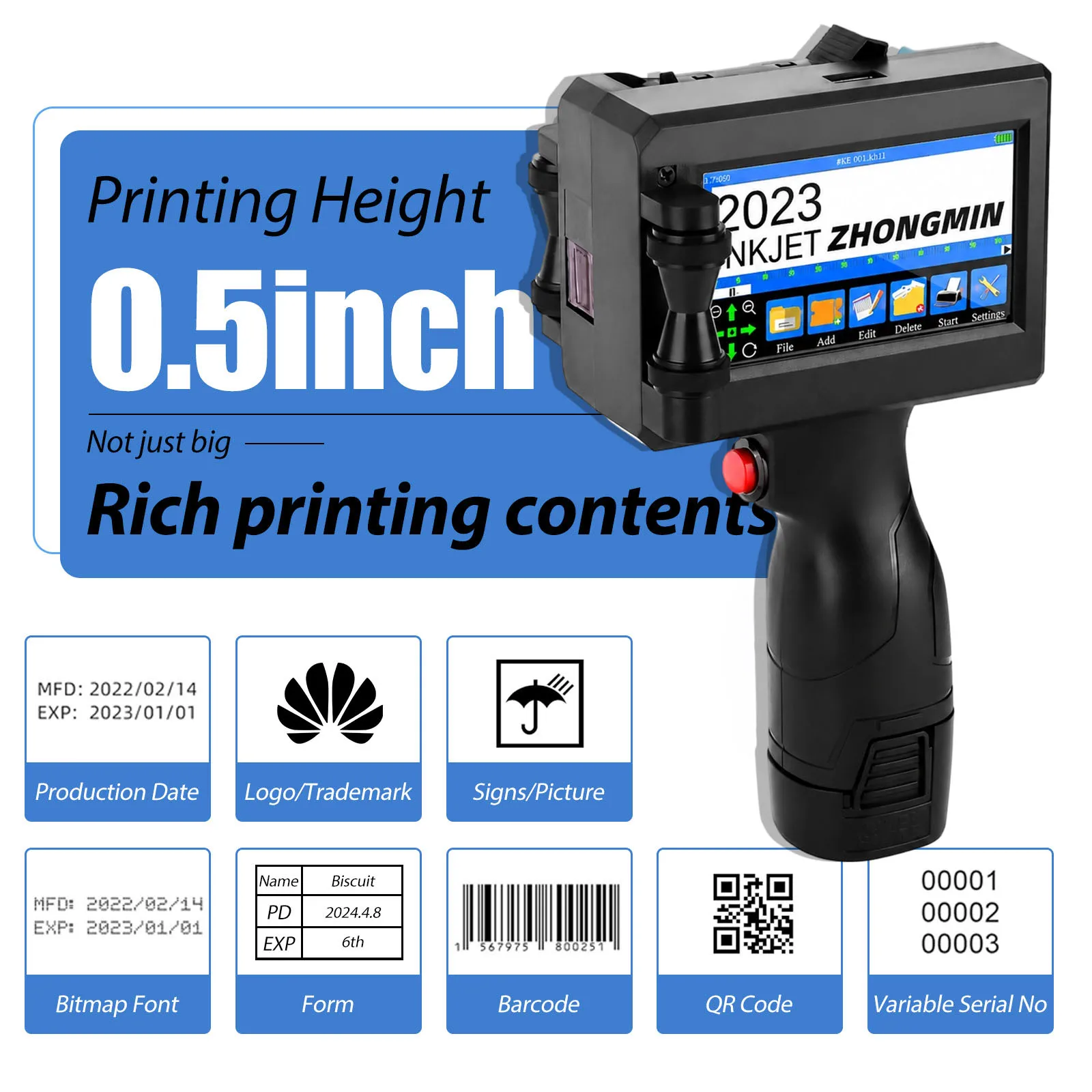 ZM-Z10 Handheld Inkjet Printer 12.7mm Portable Label Printer Expiry Date Batch Code Logo QR Barcode Date Printing Machine