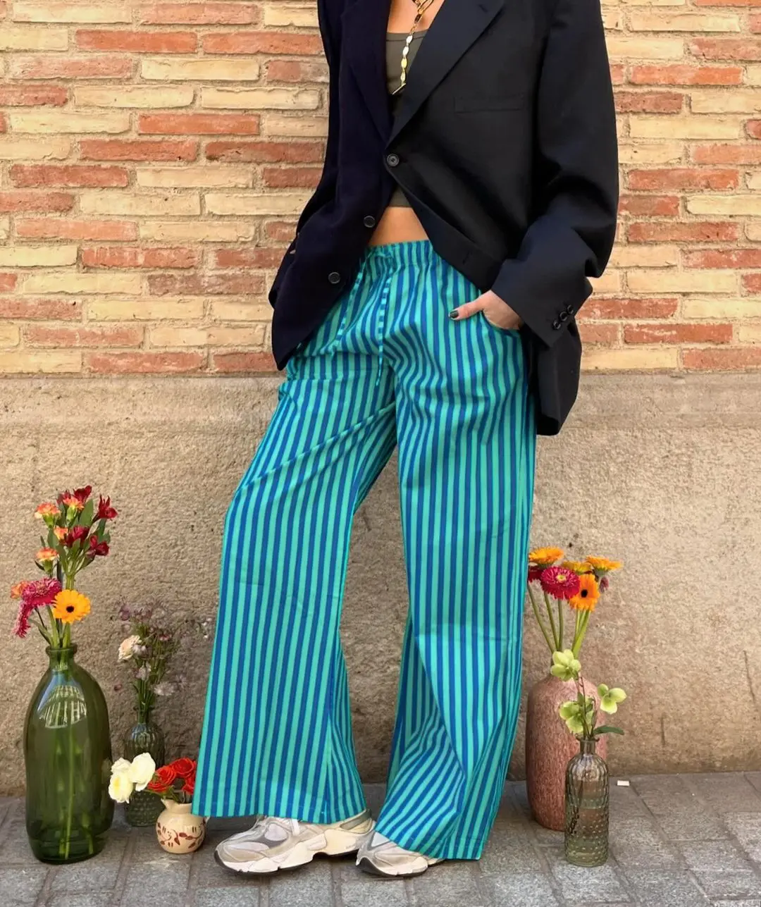 New Fashion Womens Summer Baggy Pants Drawstring Waist Wide Leg Striped Pants With 2 Pockets Club Street Style Hot Sale S M L