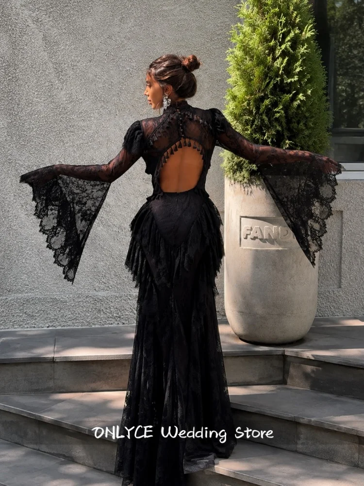 Lace High Black Mermaid Formal Prom Evening Gown Gothic Victorian Aesthetic Neck Sheer Modest Evening Wear Customized