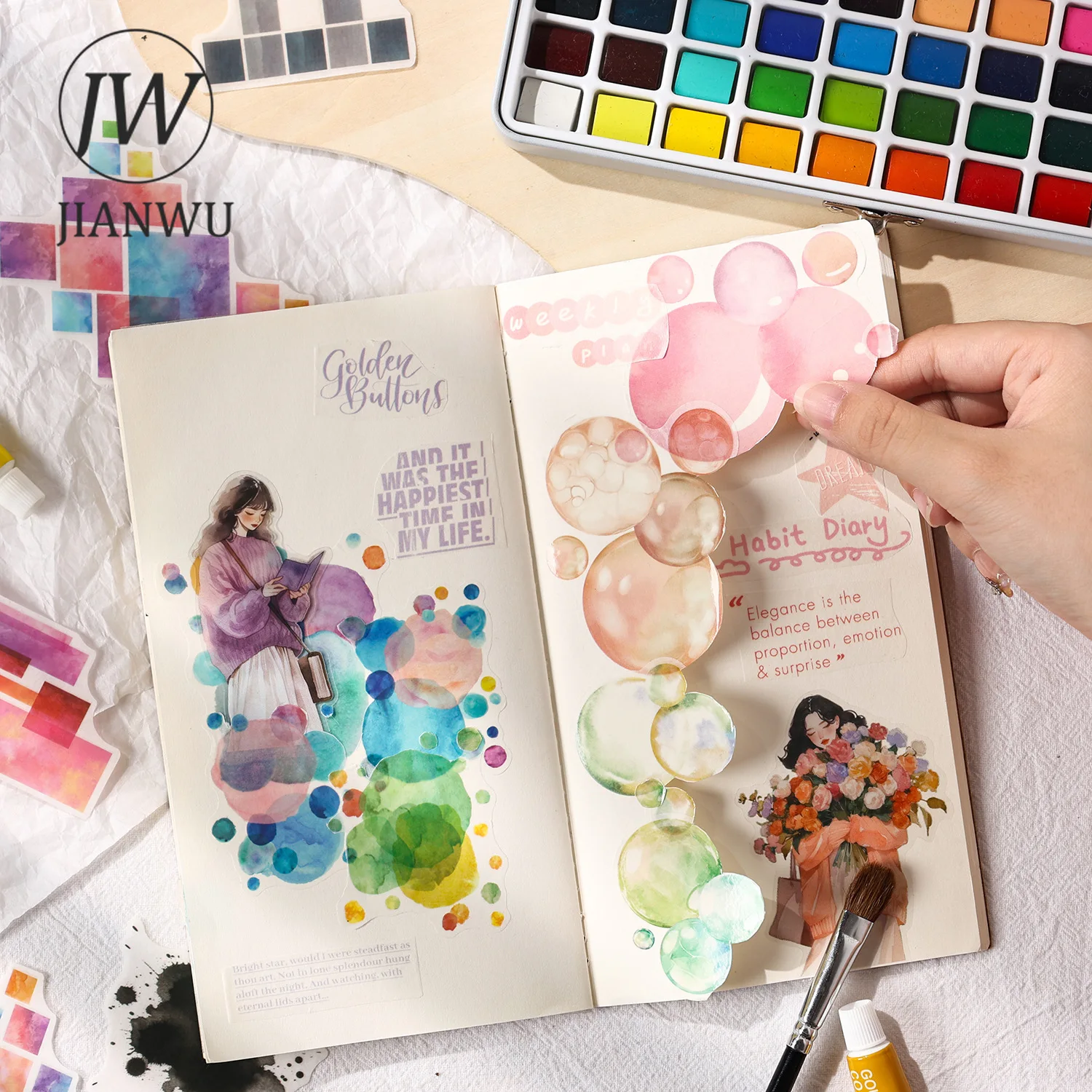 JIANWU Shallow Summer Illusion Vintage Collage Sticker - DIY Journal Stationery - close-up view