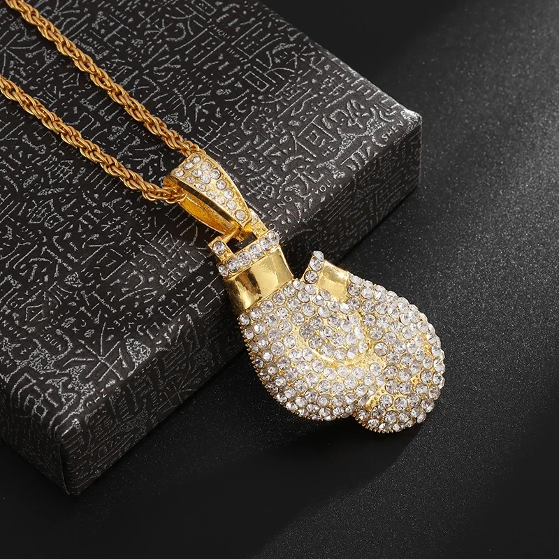 Exquisite Shiny Zircon Boxing Glove Pendant Necklace for Men Women Fashion Party Accessories Competition Memorial Gift