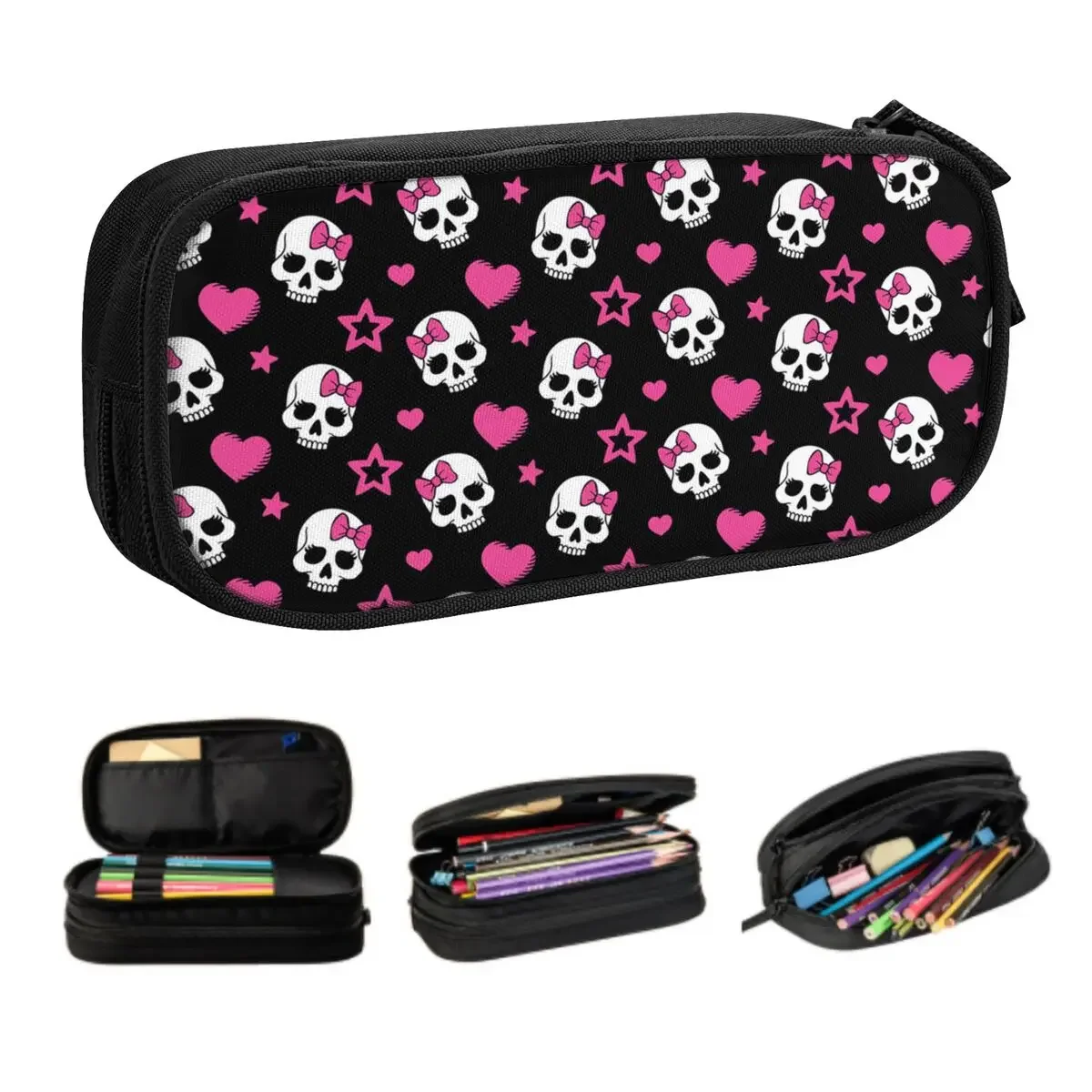 Custom Gothic Skeleton Death Skull Kawaii Pencil Case Girls Boys Large Storage Pencil Pouch Students Stationery