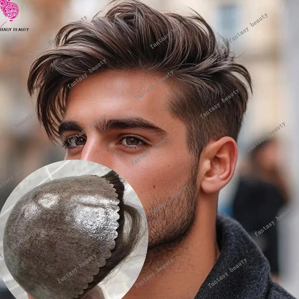 

Brown Black Blond Super Durable Thin Male Brown Mens Toupee Microskin Human Hair Wig Natural Hairline 1B80 Grey Capillary Prosth