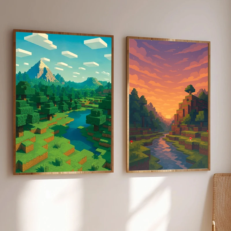 Block Pixel World Video Game River Mountain Forest Landscape Style Canvas Poster Painting Print Wall Art Living Room Home Decor
