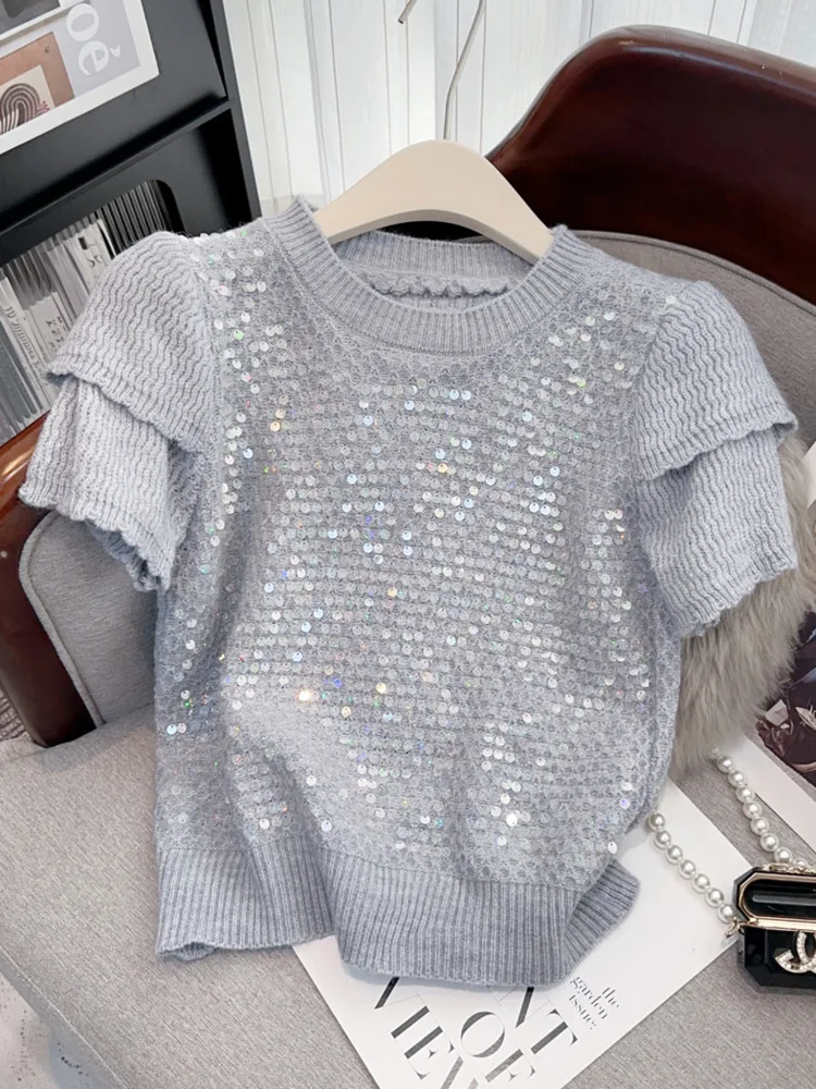 Chic French Summer Korean Fashion Sequin Sweater Pullovers Women Clothes O-Neck Short Sleeve Casual Knitwears Y2k Top Femme Tees