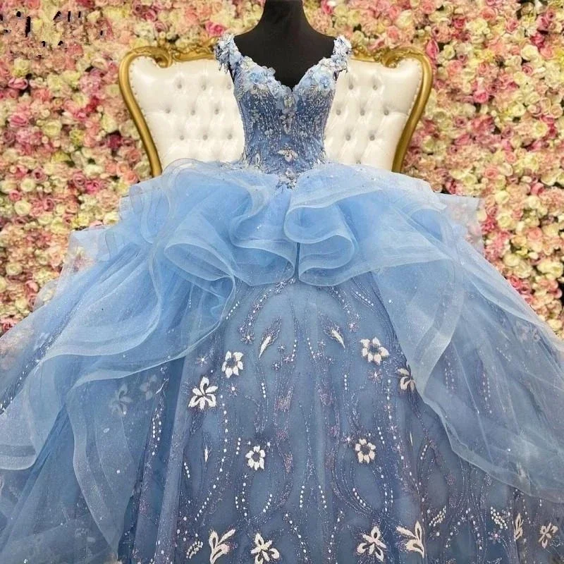 Luxury Light Blue Princess Quinceanera Dresses Prom Robe Beading Applique Ruffle Vestidos De 15 Anos Sweet 16th Birthday Party