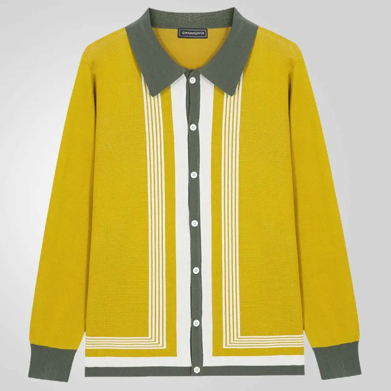 2026 New Men's Striped Contrast Knitted Cardigan Lapel Long Sleeve Casual POLO Shirt