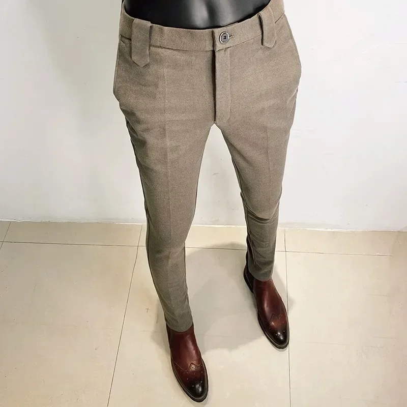 Men Trousers 2025 Winter Dress Pants Woolen Thicken Keep Warm Slim Fit Pantalones Hombre Casual Formal Suit Pants Men Clothing